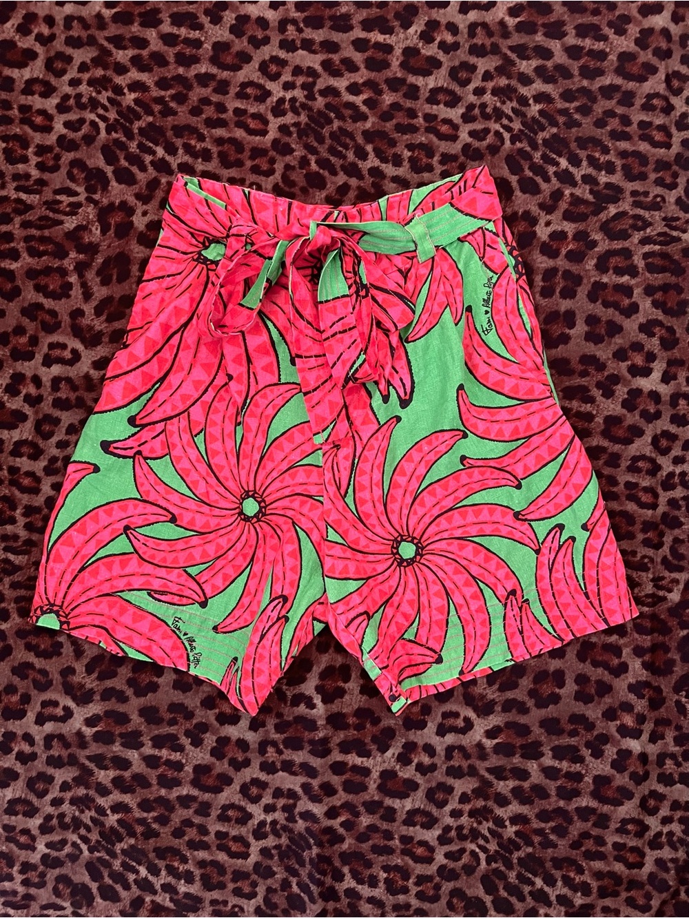 FARM Rio Pink & Green Floral Tie-Waist Linen Bermuda Shorts